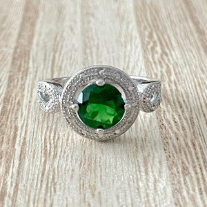 Round Simulated Emerald Halo Ring w/ Looping Split Shank - 925 Sterling Silver
